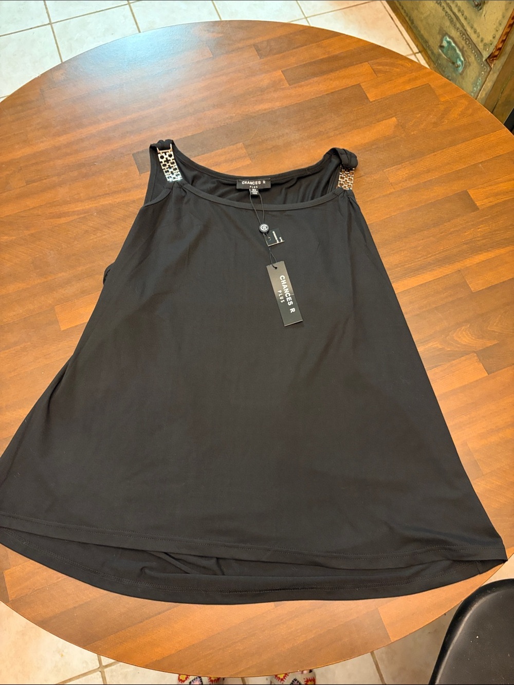 NWT chances R plus womens black tank with metal detailing straps